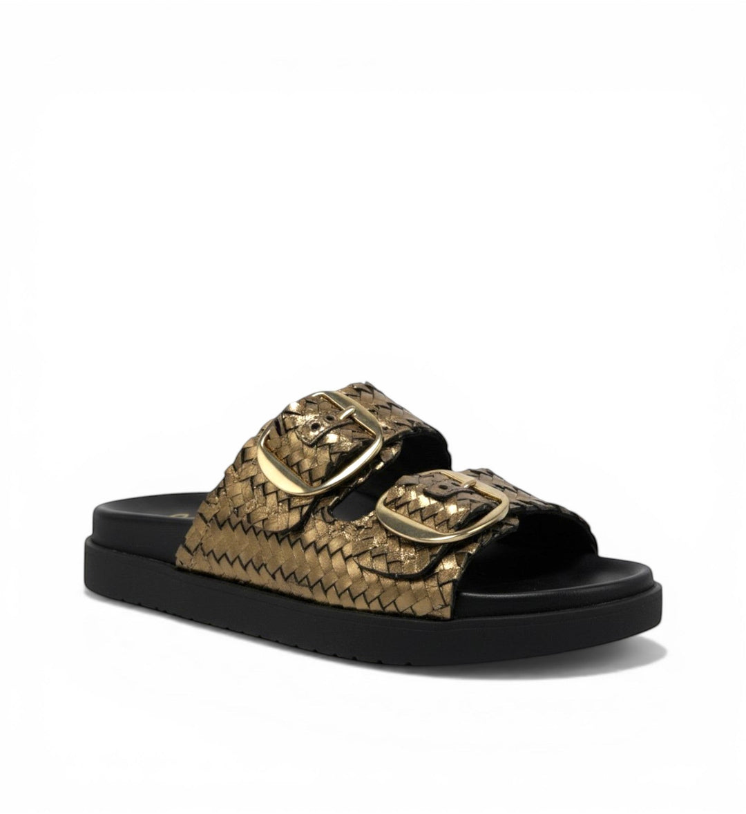 House of Florian Tyler Bronze woven double strap slide sandals with gold buckles and black platform sole.