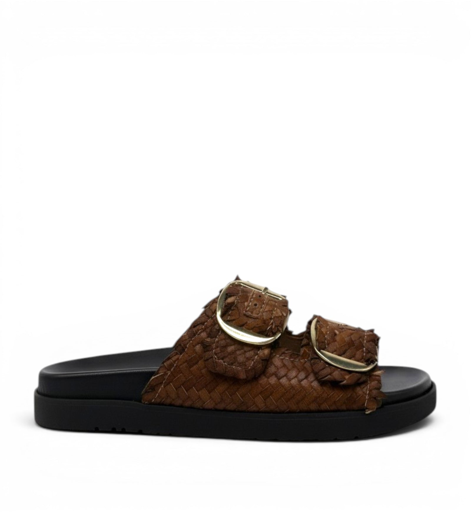 House of Florian Tyler Brown woven leather slide sandals with double buckle detail and black platform sole.