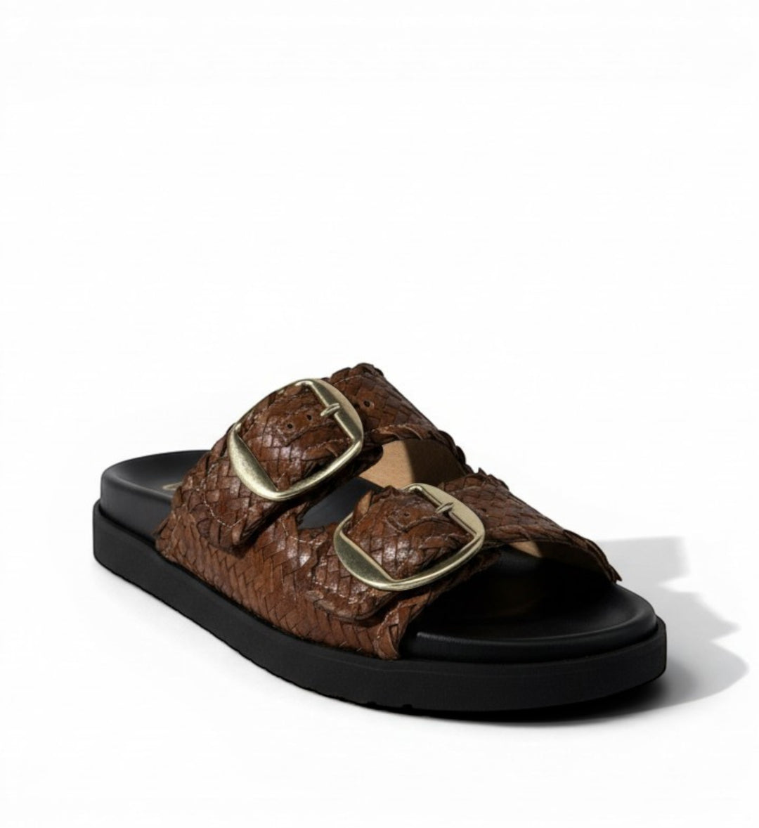 House of Florian Tyler Brown woven leather slide sandals with double gold buckles.