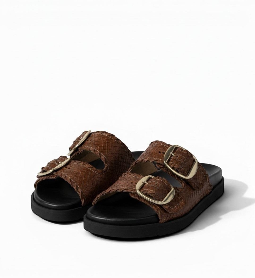 House of Florian Tyler Brown double buckle slides with a snakeskin texture and gold hardware.
