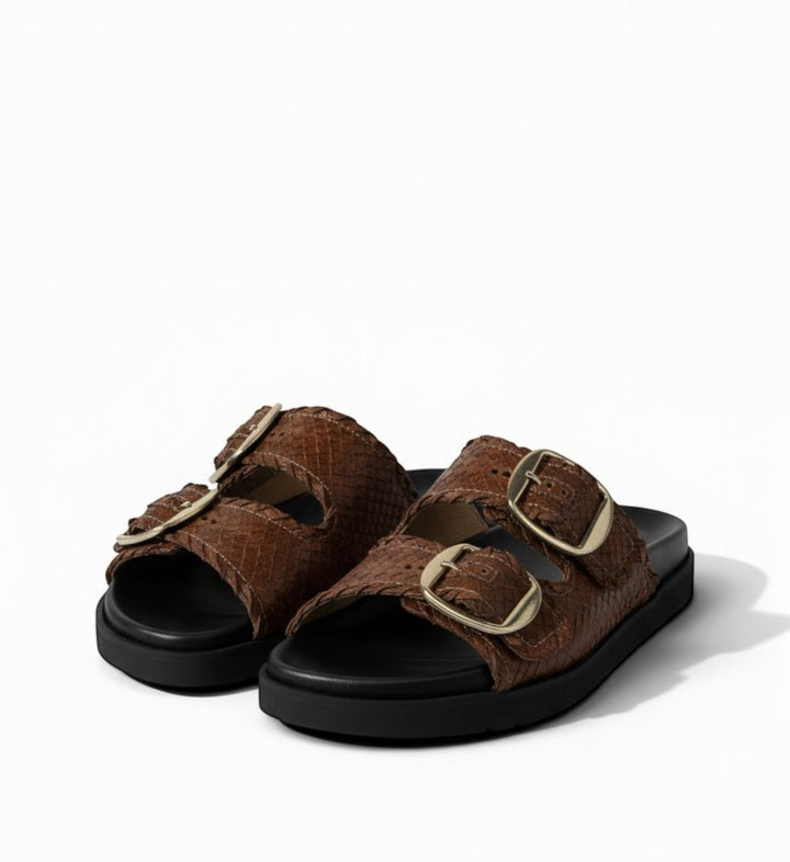House of Florian Tyler Brown double buckle slides with a snakeskin texture and gold hardware.