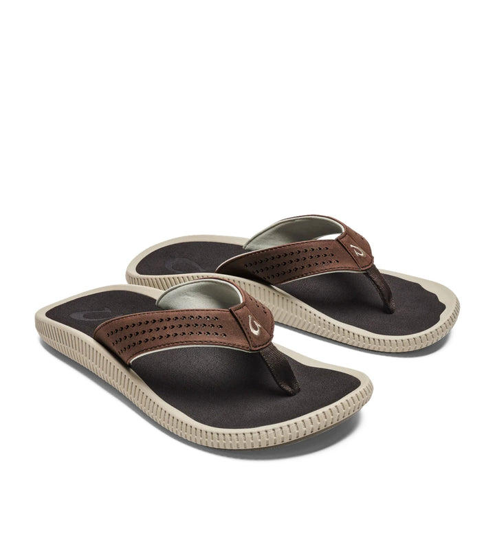 House of Florian Ulele Dark Wood flip-flops with brown leather straps and perforated detail.
