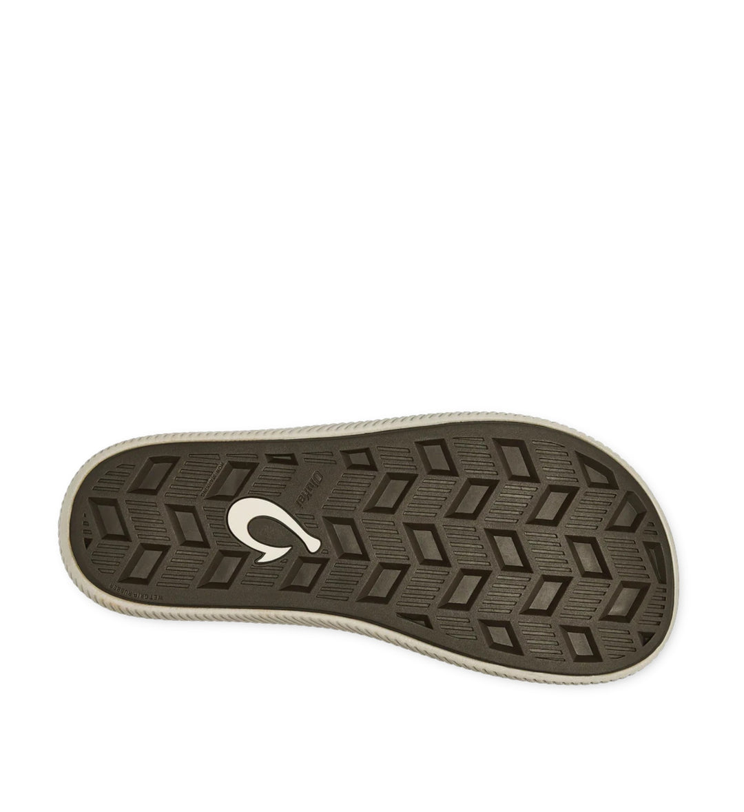 House of Florian Ulele Dark Wood sandal sole with white hook logo and diamond tread pattern.