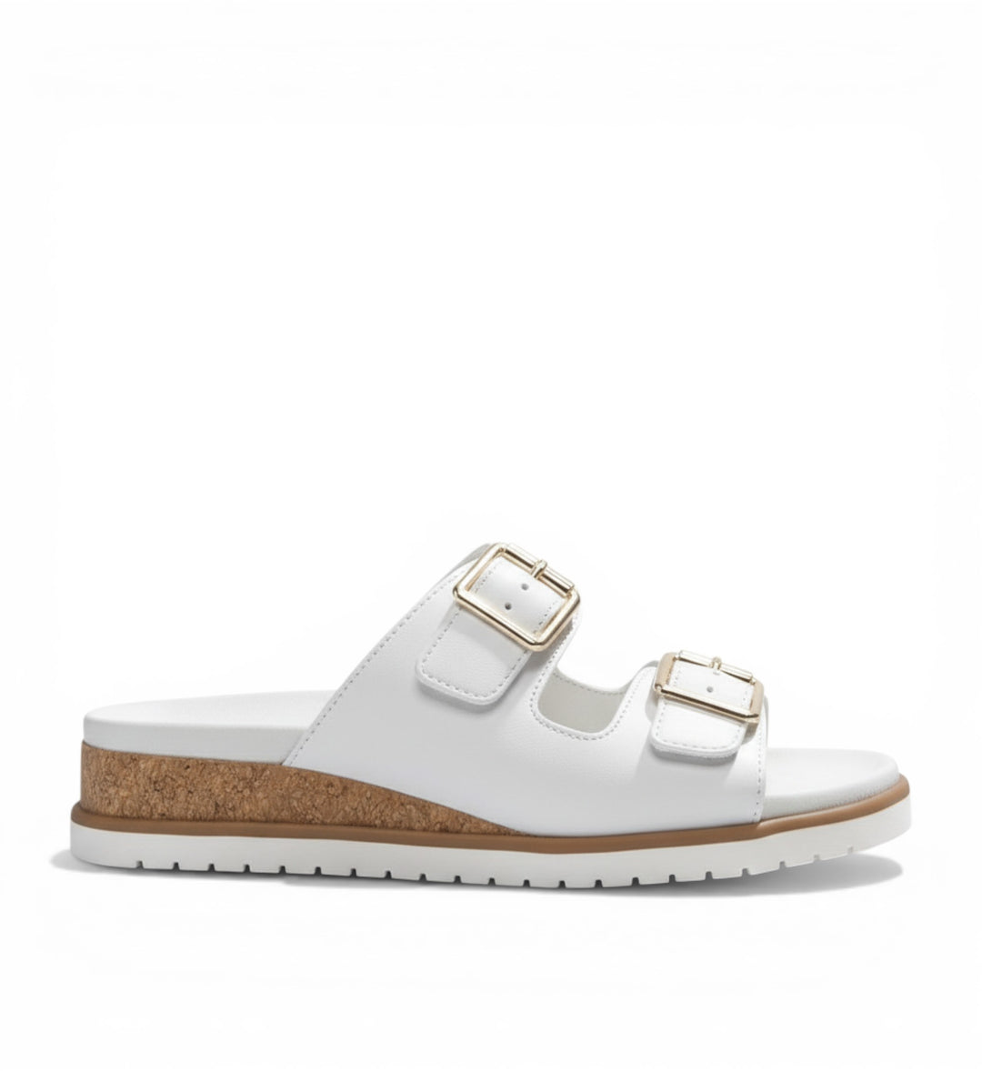 House of Florian Vadore W white leather slide sandals with gold buckles and cork wedge heel.
