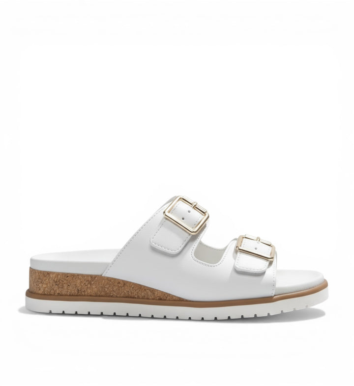 House of Florian Vadore W white leather slide sandals with gold buckles and cork wedge heel.