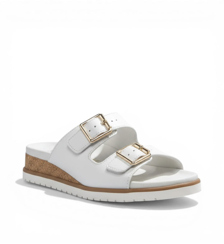 House of Florian Vadore W white leather slide sandals with double adjustable gold buckles and cork wedge sole.