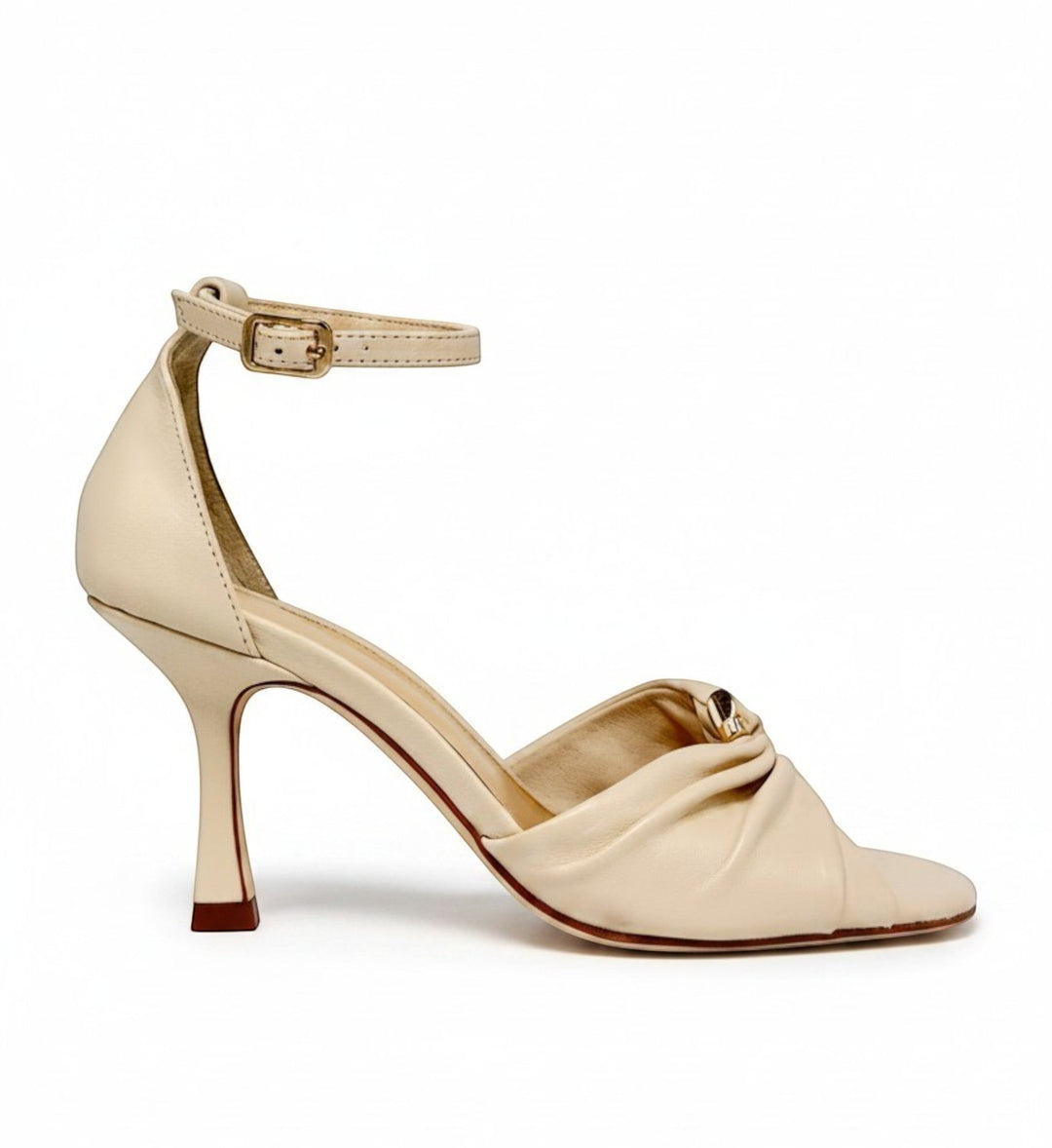 House of Florian Posy Vanilla cream leather heeled sandals with ankle strap and ruched detail.