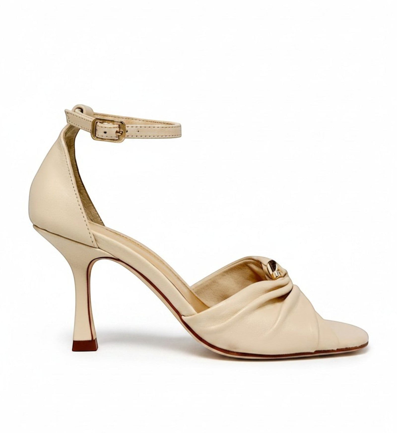 House of Florian Posy Vanilla cream leather heeled sandals with ankle strap and ruched detail.