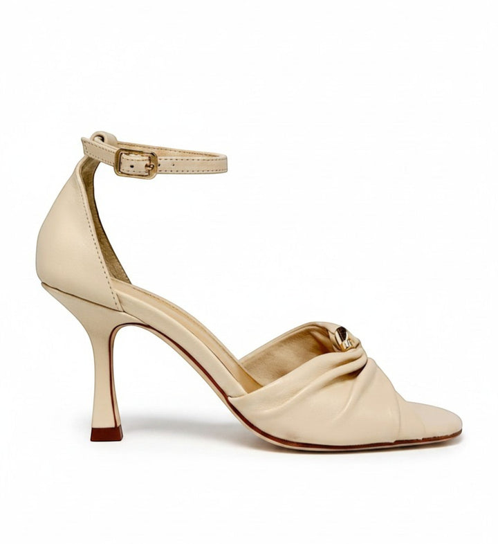 House of Florian Posy Vanilla cream leather heeled sandals with ankle strap and ruched detail.