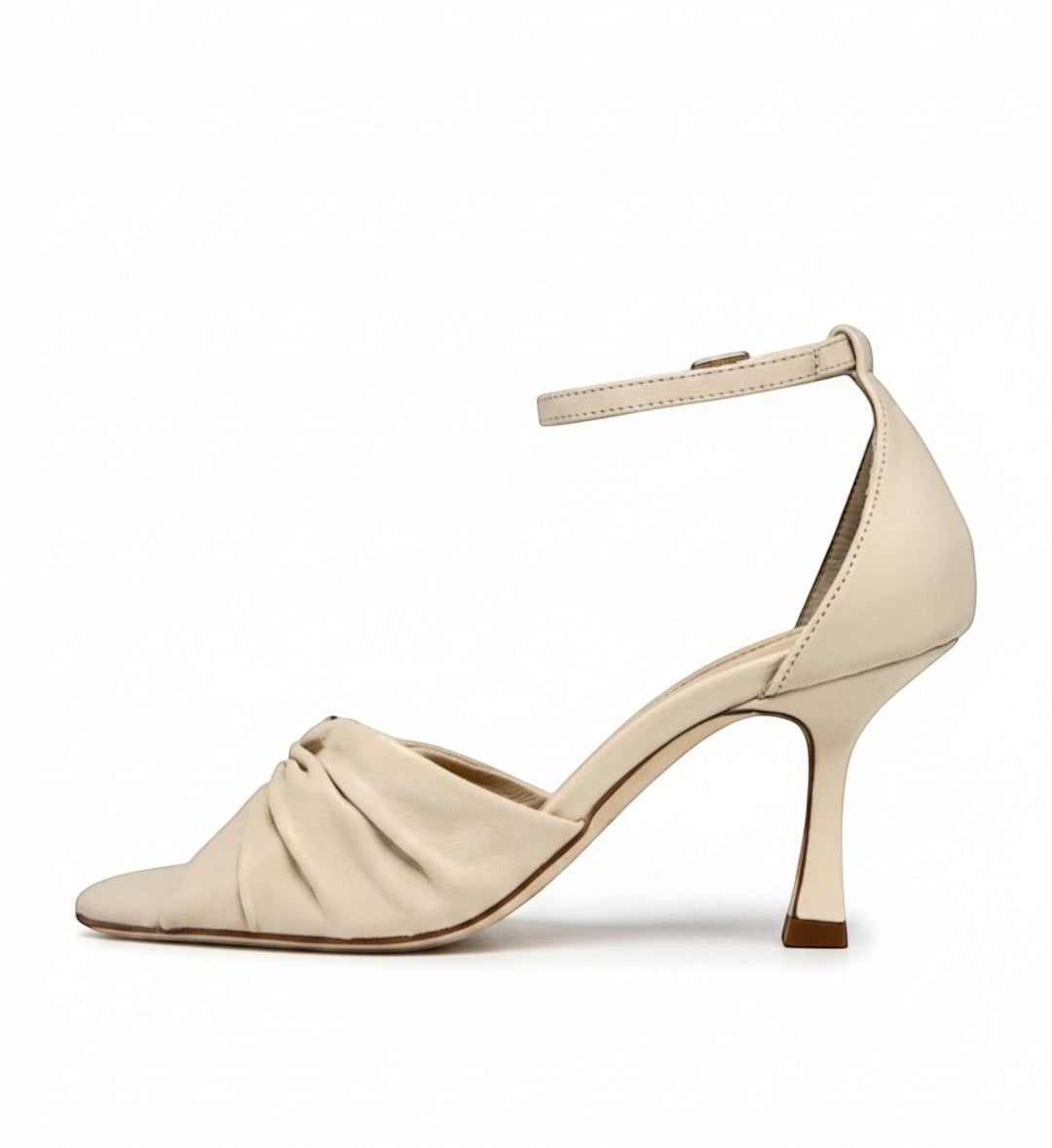 House of Florian Posy Vanilla cream leather ruched pointed toe heeled sandals with ankle strap.
