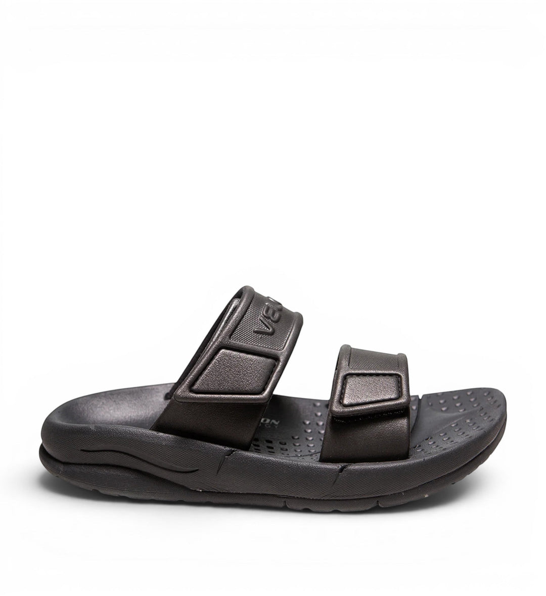 House of Florian Velous Active Two-Strap black sandals with adjustable velcro straps and textured footbed.