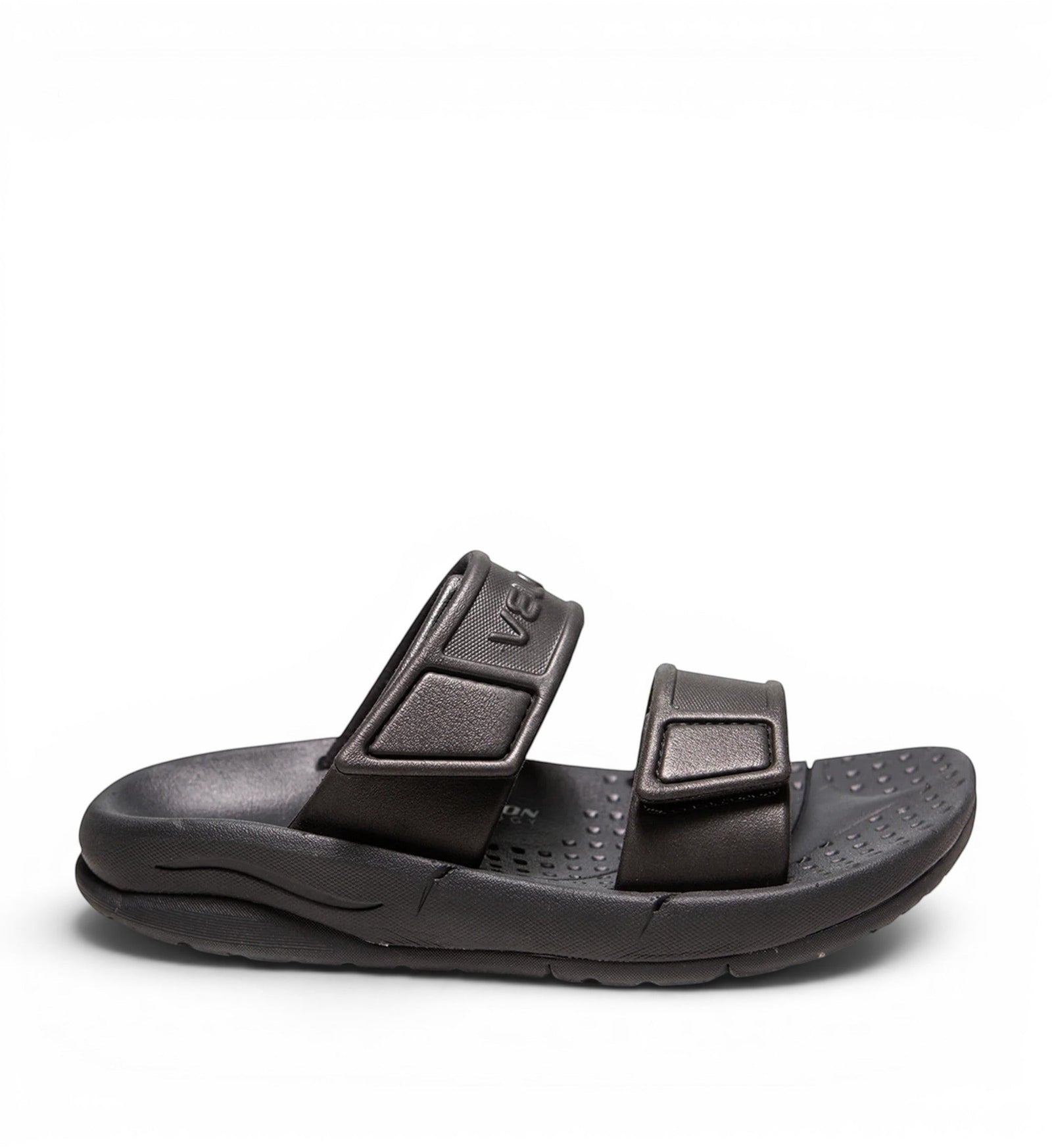 House of Florian Velous Active Two-Strap black sandals with adjustable velcro straps and textured footbed.