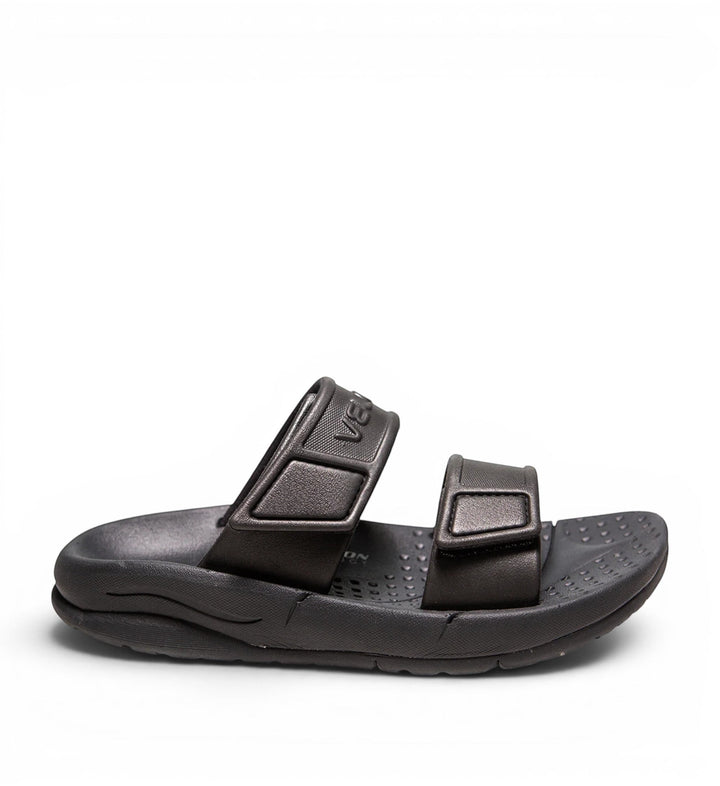 House of Florian Velous Active Two-Strap black sandals with adjustable velcro straps and textured footbed.