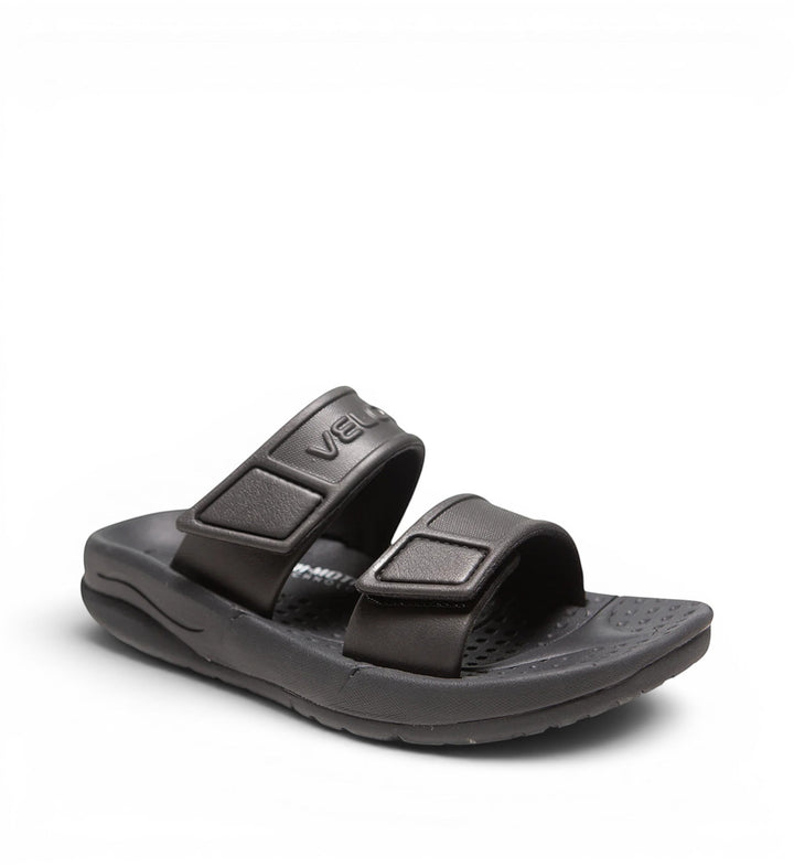 House of Florian Velous Active Two-Strap sandals in black, featuring adjustable velcro straps and a comfortable molded footbed.