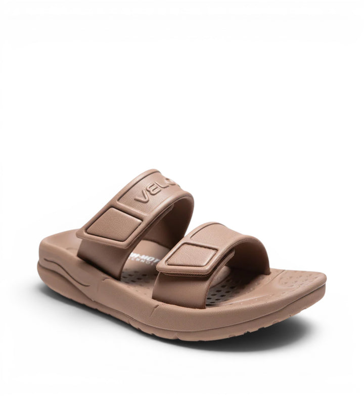 House of Florian Velous Active Two-Strap Taupe sandals with adjustable velcro straps and contoured footbed.