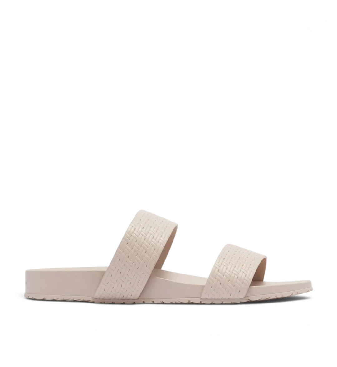 House of Florian Venice light blush waterproof leather slide sandals with a dual-strap embossed design.