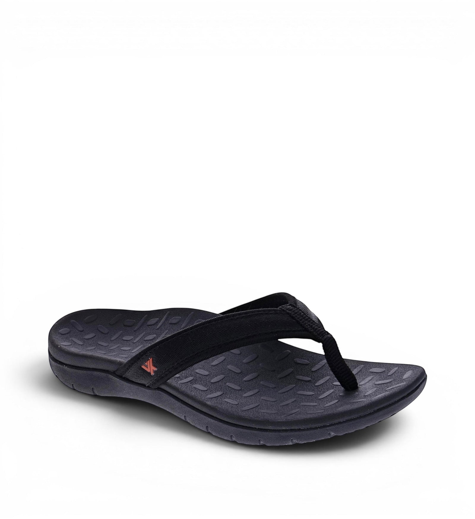 House of Florian Venture Black flip-flops with textured footbed and fabric strap.