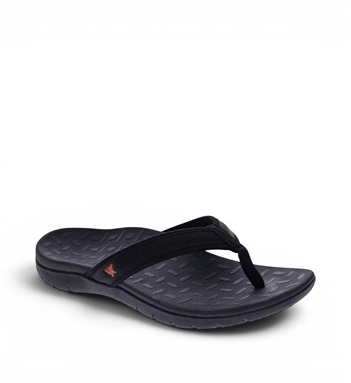 House of Florian Venture Black flip-flops with textured footbed and fabric strap.