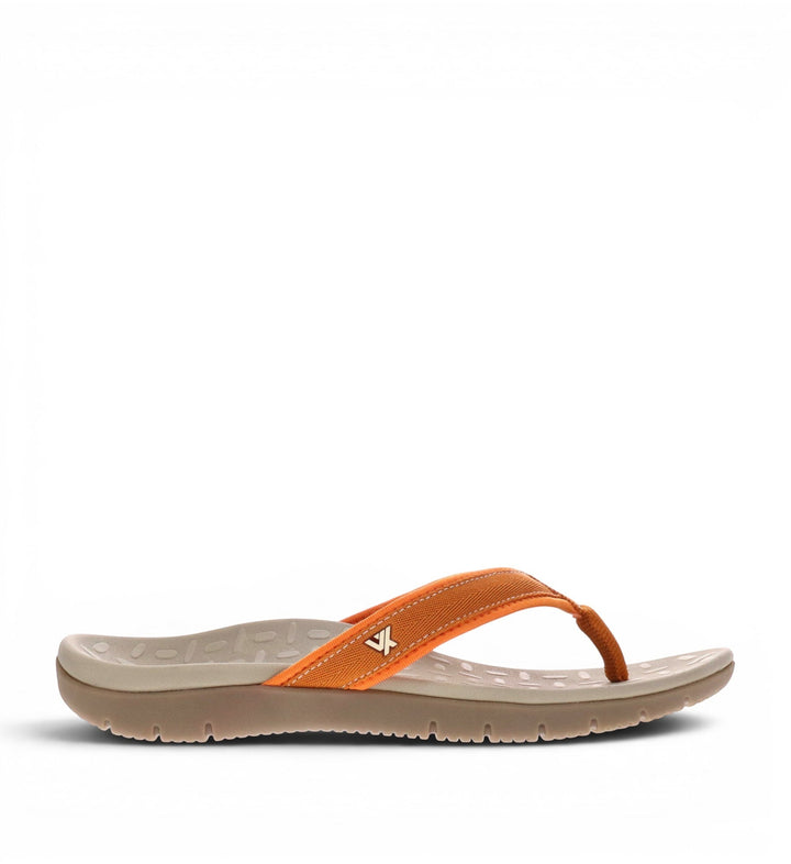 House of Florian Venture Ginger orange fabric flip-flop sandal with contoured footbed and textured sole.