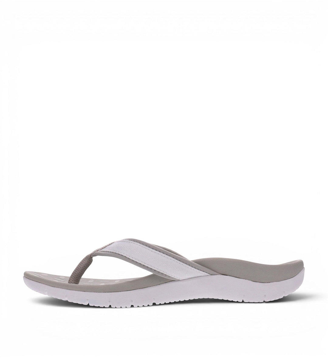 House of Florian Venture White flip-flops with white fabric straps and grey contoured footbed.