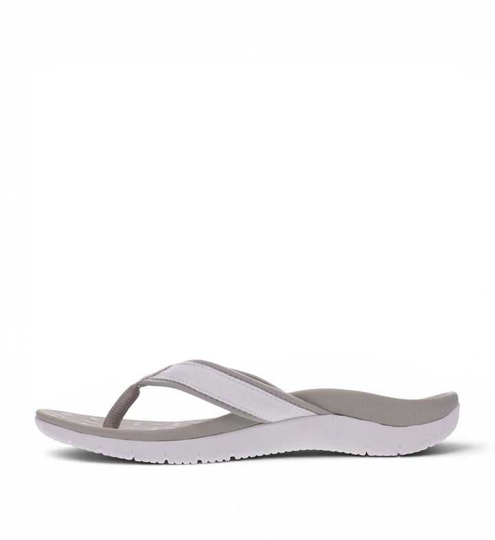 House of Florian Venture White flip-flops with white fabric straps and grey contoured footbed.