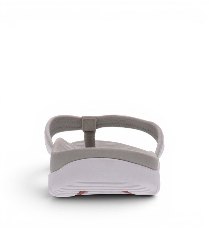 House of Florian Venture White thong sandals with grey straps and white sole.