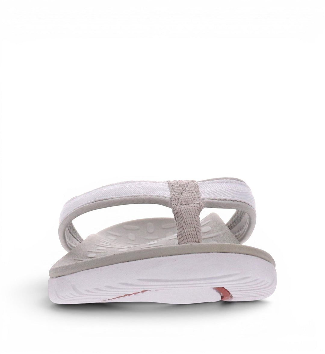 House of Florian Venture White thong sandals with white fabric straps and grey contoured footbed.