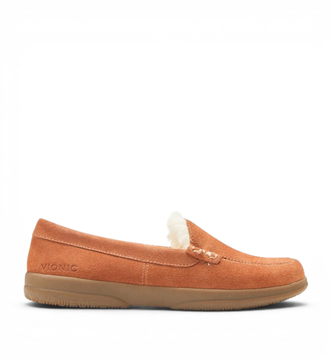 House of Florian Vionic Lynez cedar suede slipper with cozy shearling lining and a durable rubberised EVA outsole.