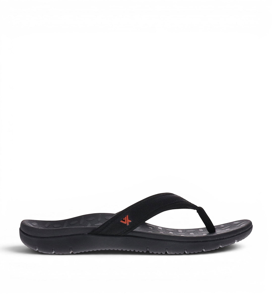 House of Florian Vita Sole Venture Black flip-flops with a black fabric strap and orange logo detail.