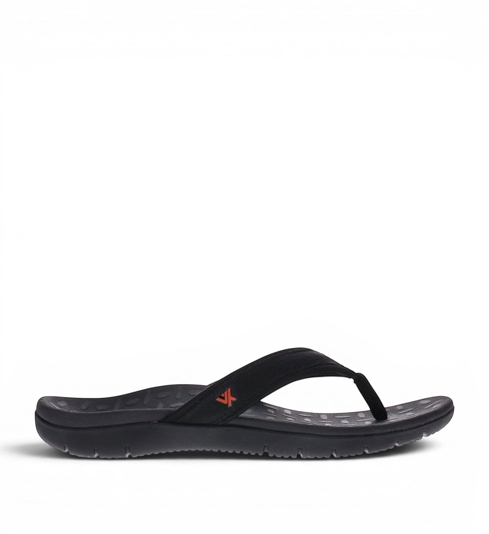 House of Florian Vita Sole Venture Black flip-flops with a black fabric strap and orange logo detail.