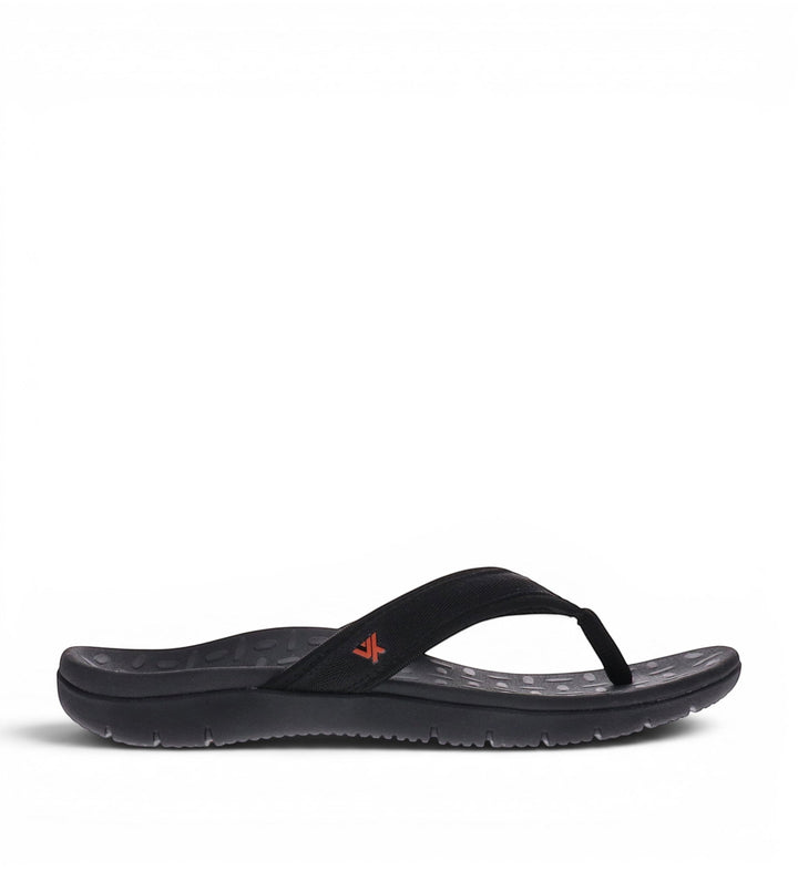 House of Florian Vita Sole Venture Black flip-flops with a black fabric strap and orange logo detail.
