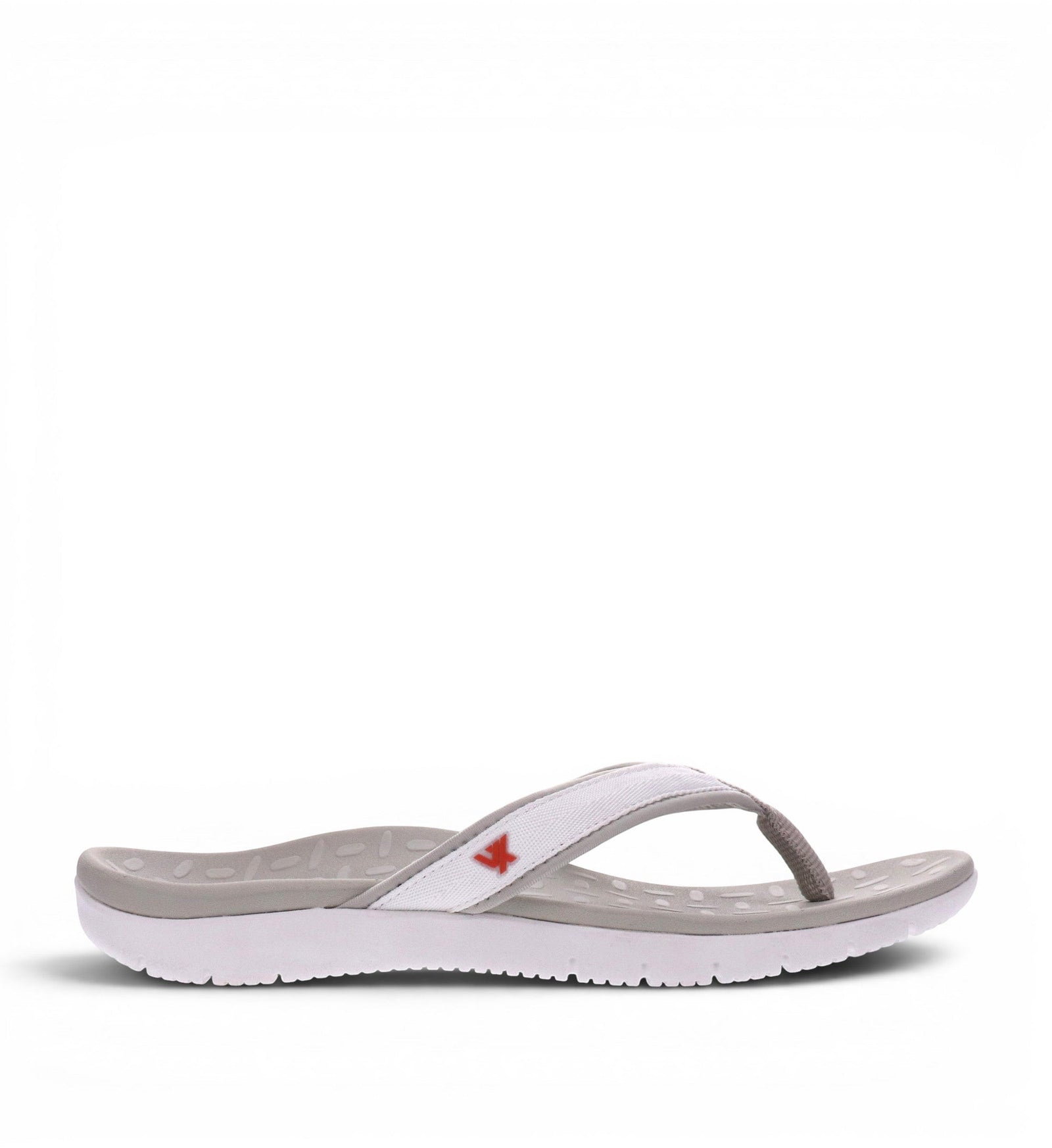 House of Florian Vita Sole Venture White flip-flops with white fabric straps and grey contoured footbed.