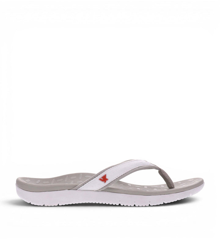House of Florian Vita Sole Venture White flip-flops with white fabric straps and grey contoured footbed.