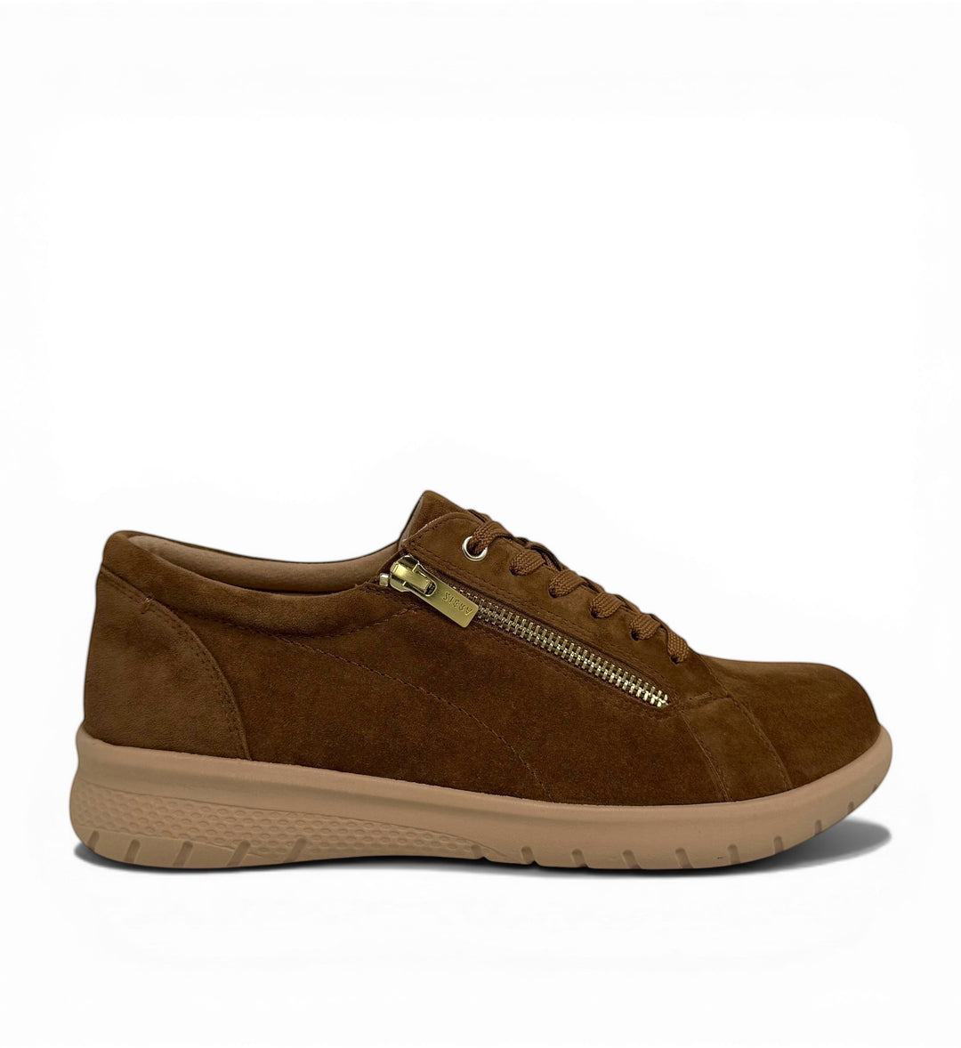 House of Florian Solar XW whiskey suede sneakers with side zipper and lace-up closure.