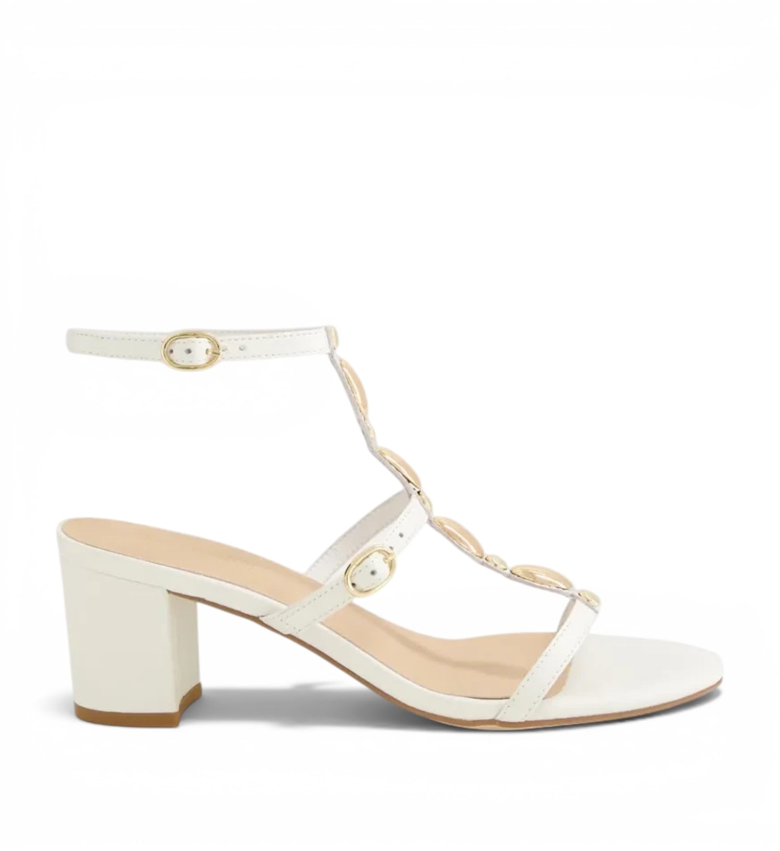 House of Florian Glimery White block heel sandals with gold disc embellishments and an adjustable ankle strap.