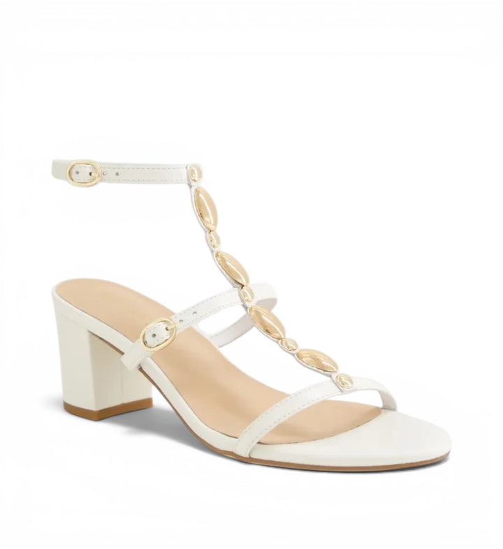 House of Florian Glimery white block heel sandals with gold metallic embellishments and adjustable ankle strap