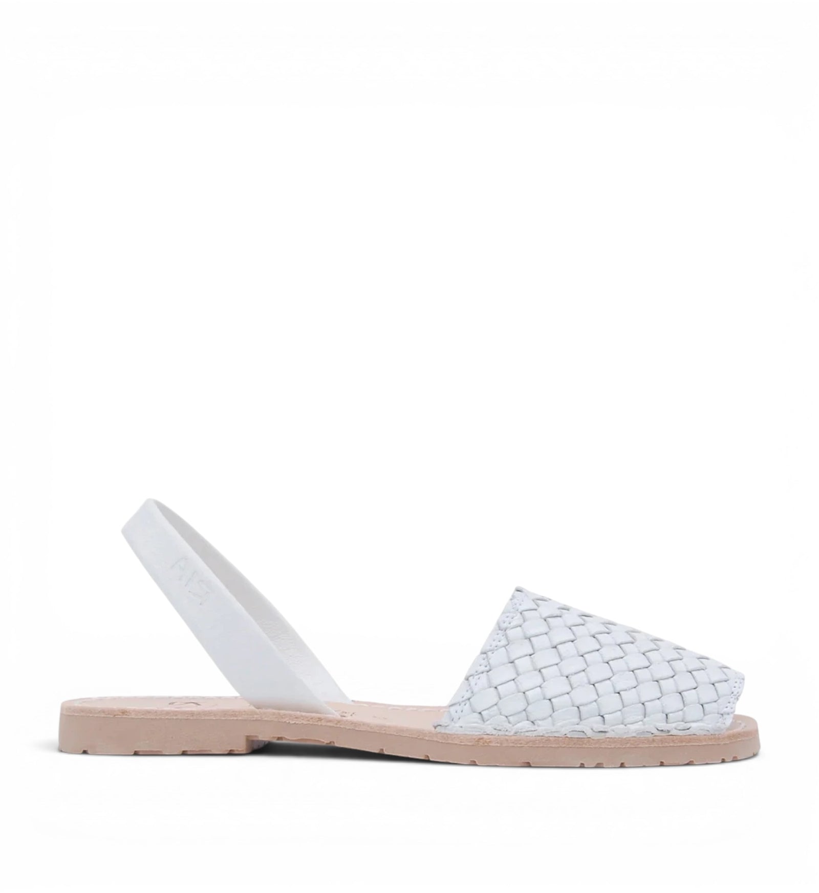 House of Florian white braided leather Avarcas sandals with slingback strap and tan sole.