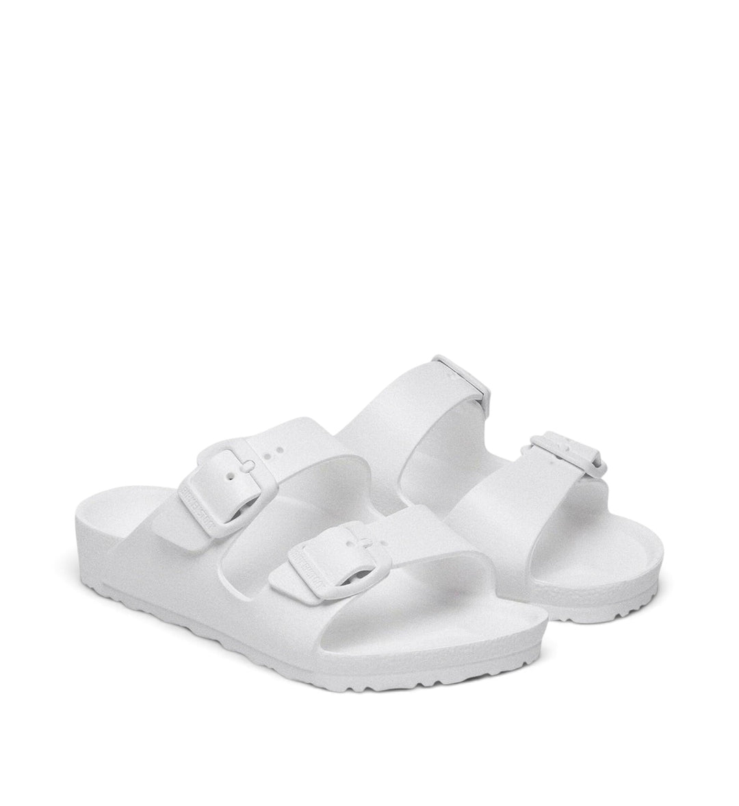 House of Florian white Birkenstock Arizona kids sandals made from lightweight waterproof EVA with two buckled straps.