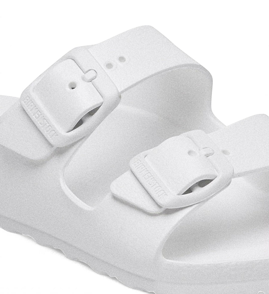 House of Florian white Birkenstock Arizona kids EVA sandals with two adjustable buckled straps and contoured footbed