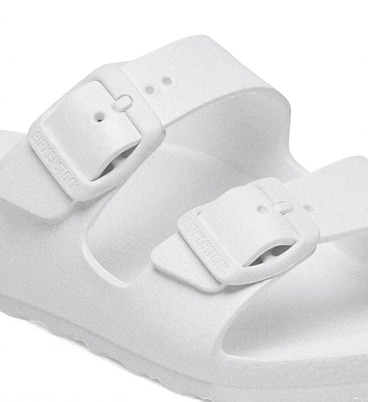 House of Florian white Birkenstock Arizona kids EVA sandals with two adjustable buckled straps and contoured footbed