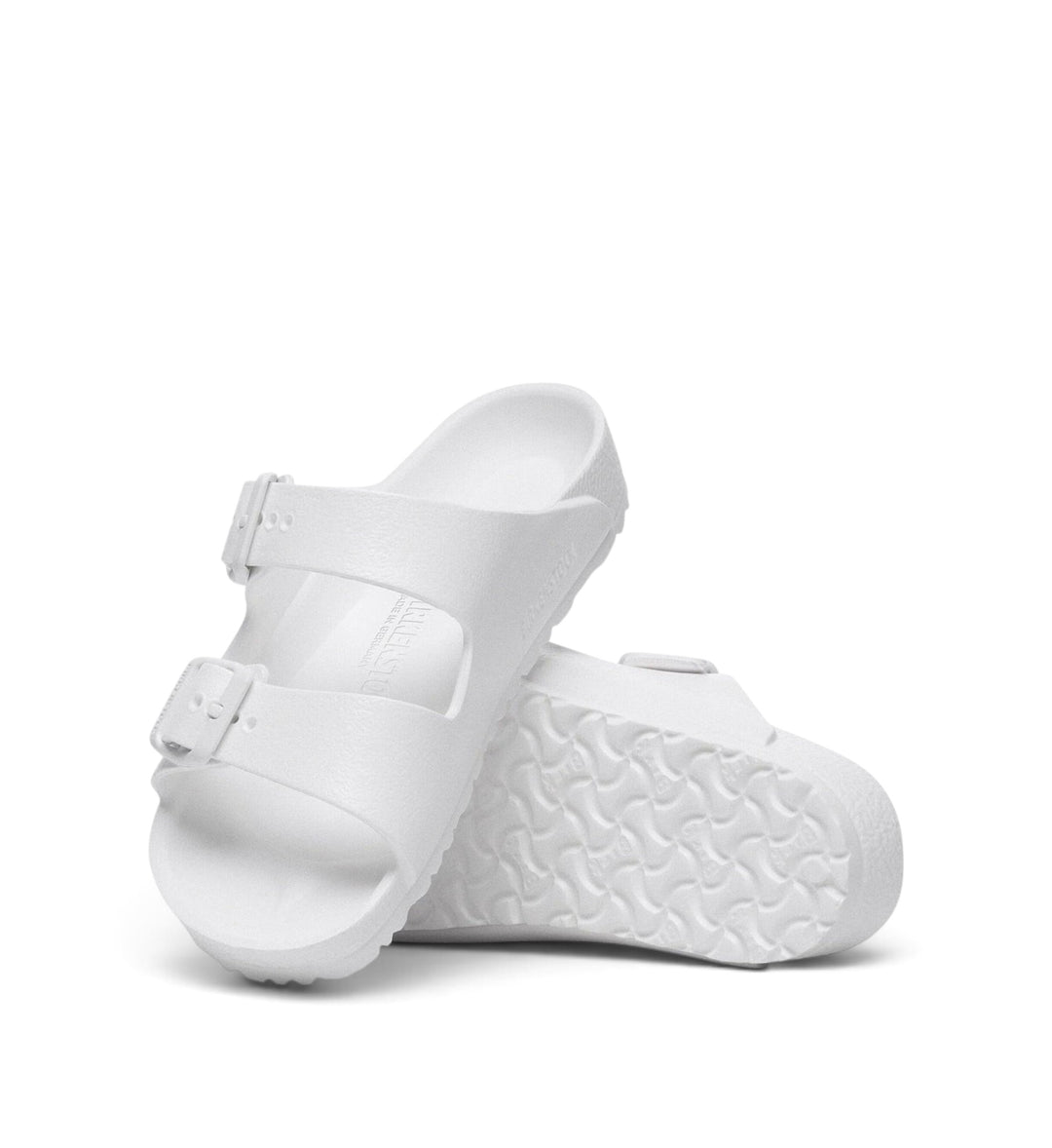House of Florian white Birkenstock Arizona kids EVA sandals with two adjustable straps and contoured footbed.