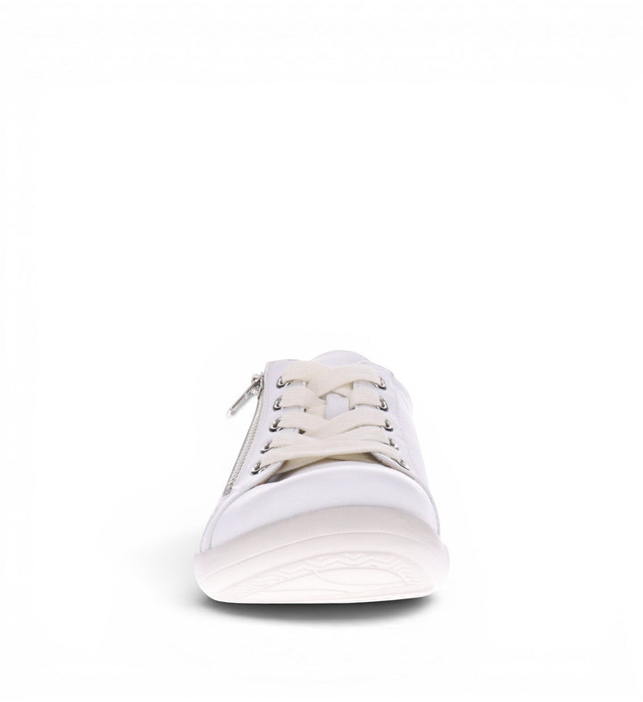 House of Florian Tampa white leather sneakers with lace-up front and side zip detail.