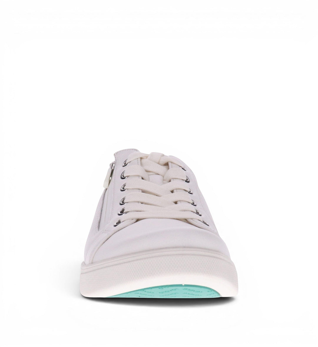House of Florian Brisbane W white leather lace-up sneakers with side zipper and teal sole.