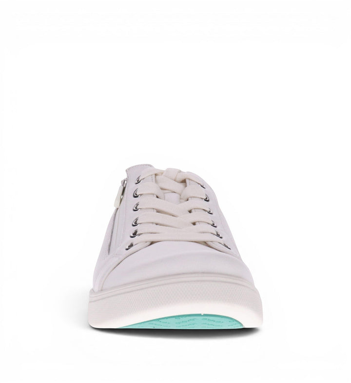 House of Florian Brisbane W white leather lace-up sneakers with side zipper and teal sole.