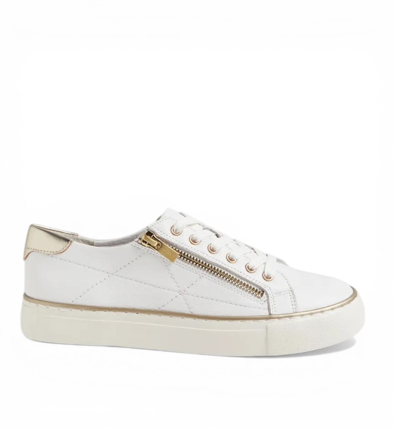 House of Florian white leather quilted sneakers with gold zip detail and heel tab.