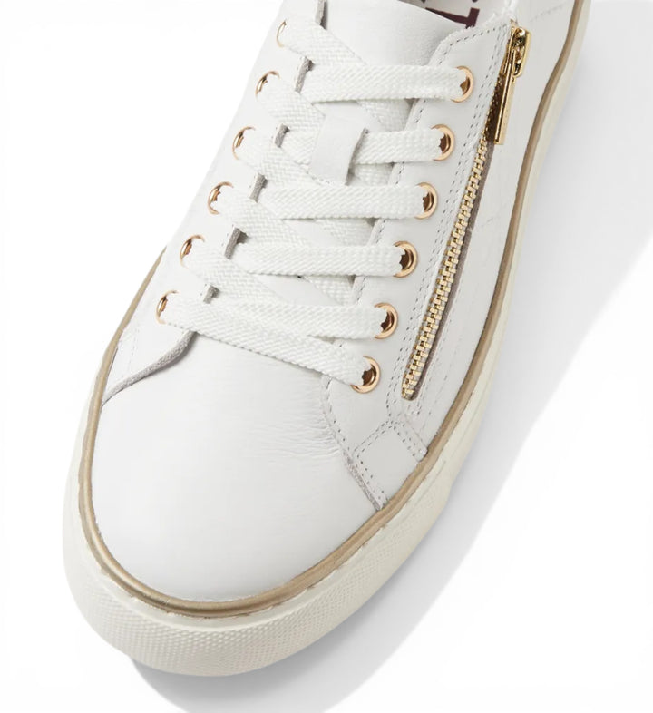 House of Florian white leather Pryor side zip sneakers with gold hardware and white laces.