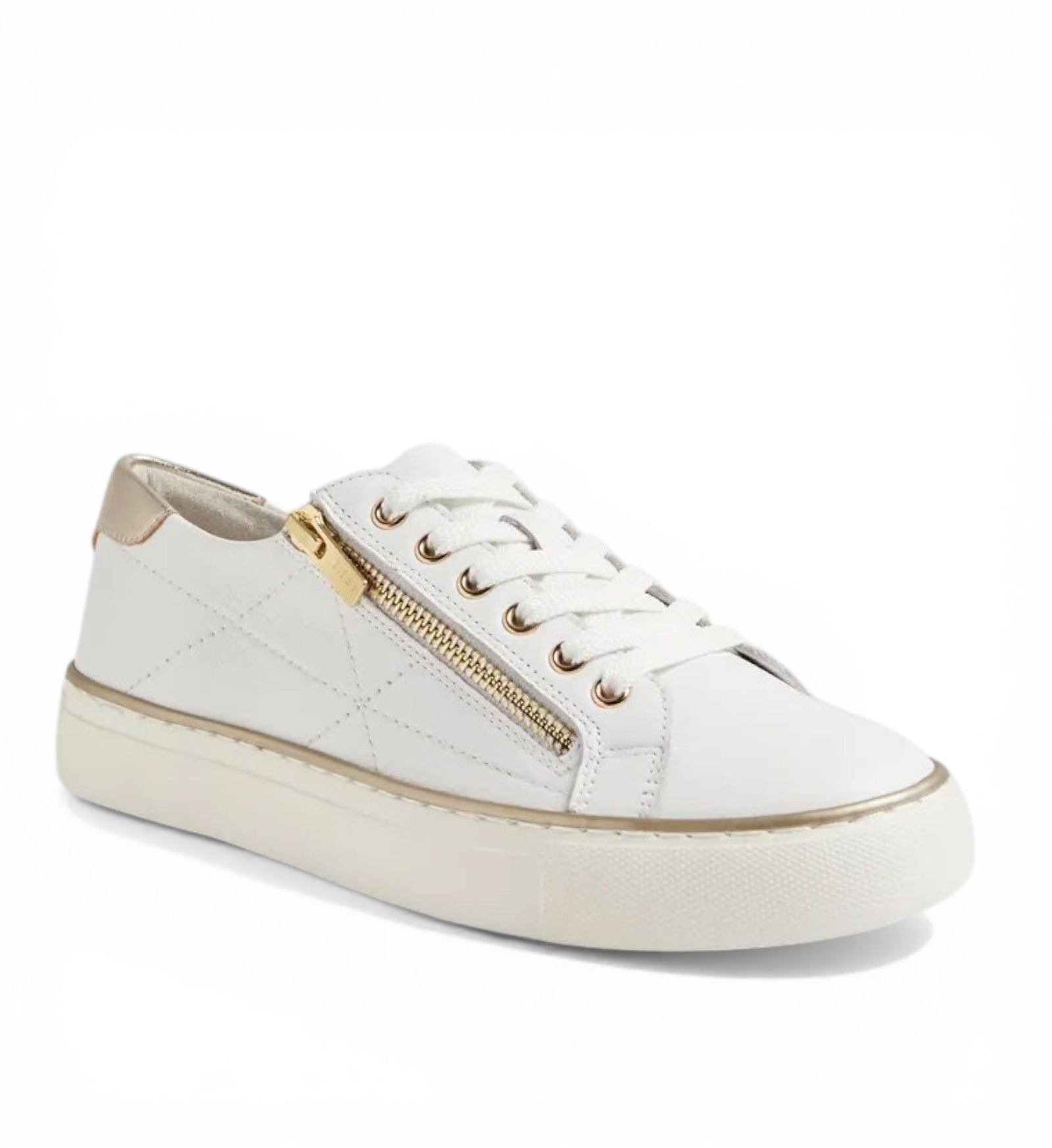 House of Florian white leather quilted sneakers with gold side zip and heel detail.