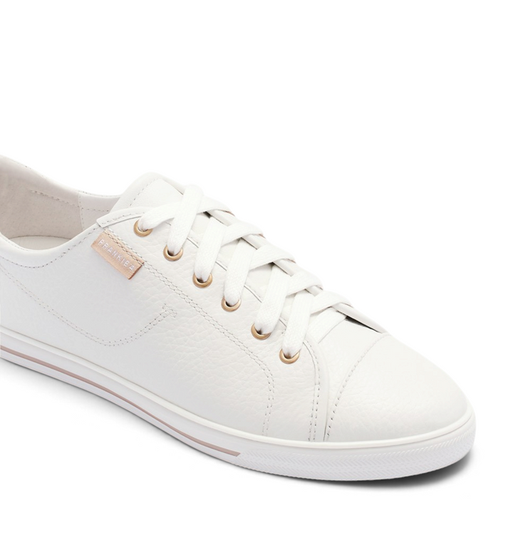 House of Florian Nat III white pebbled leather sneakers with rose gold eyelets and matching white laces