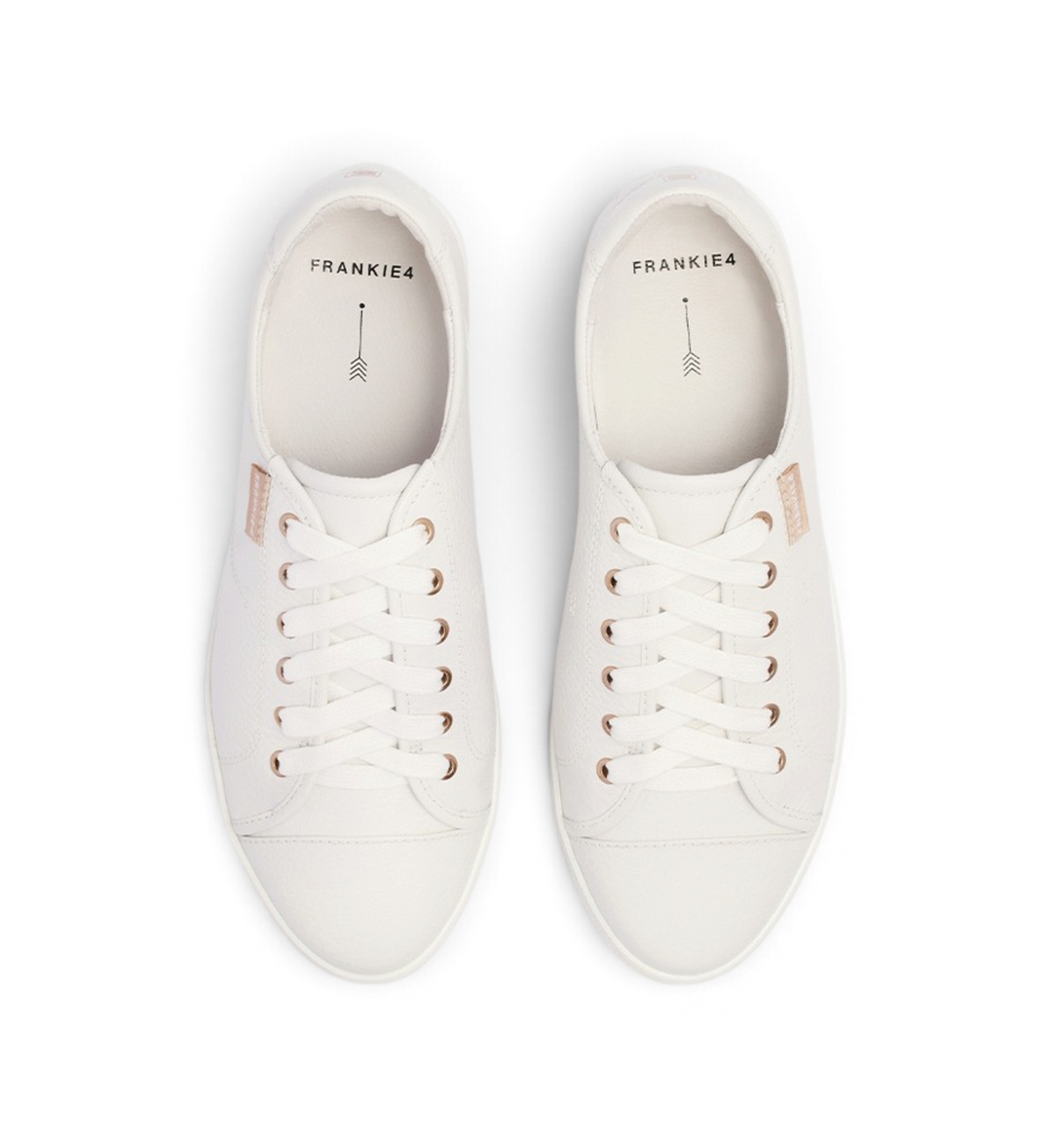 House of Florian Nat III white pebbled leather sneakers with rose gold eyelets and lace-up closure, top view.