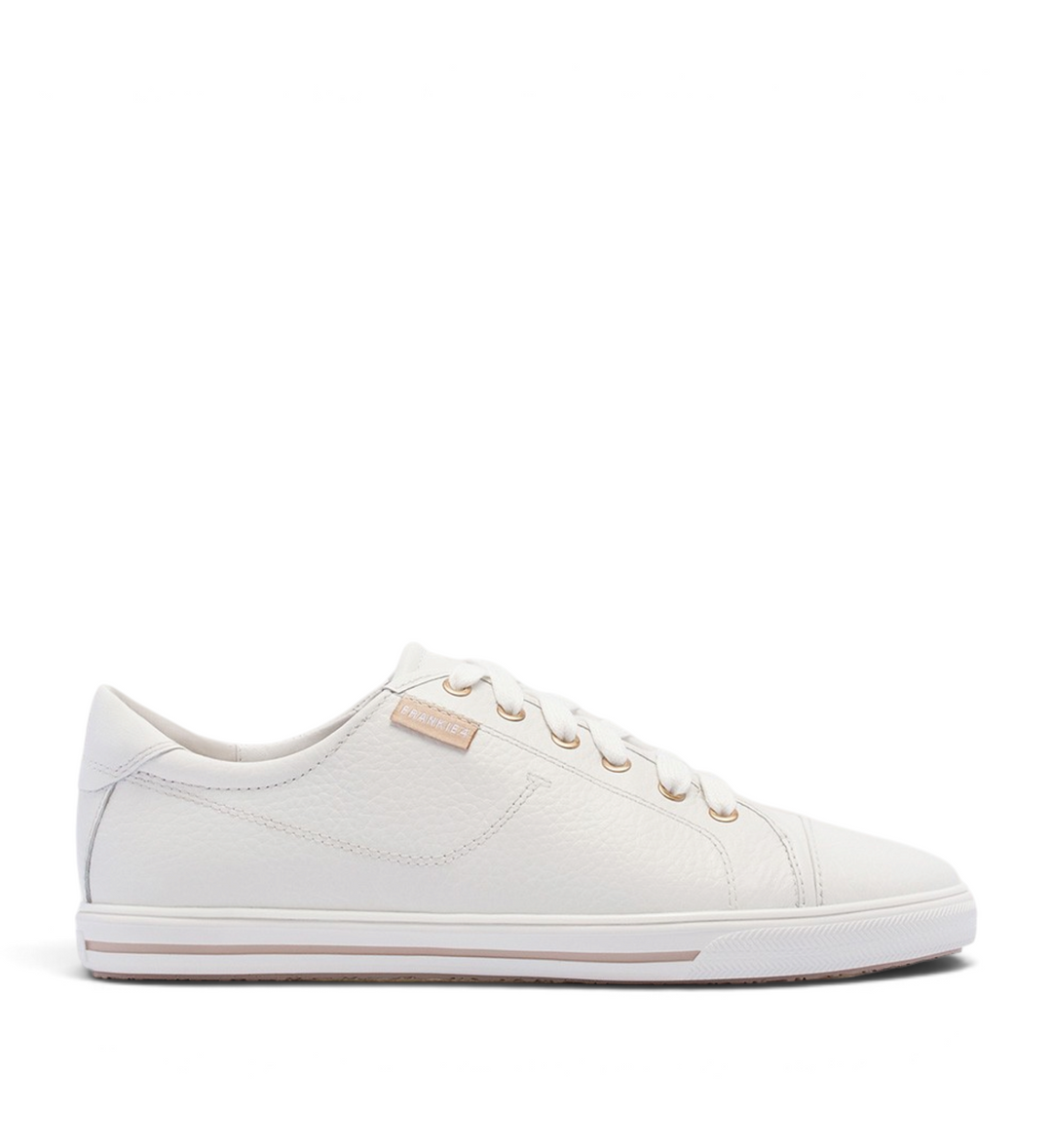 House of Florian Nat III white pebbled leather sneakers with rose gold eyelets and a low-top lace-up design.